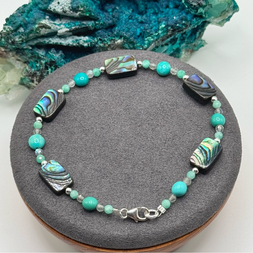 🩵REFINED Turquoise Abalone Emerald Labradorite Sterling Bracelet🩵 - Picture 3 of 5
